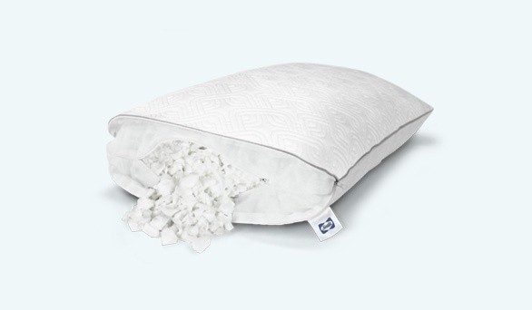 A Sealy Adjustable pillow, with one side of the pillow cover unzipped, so you can see the filling pieces inside, mobile view