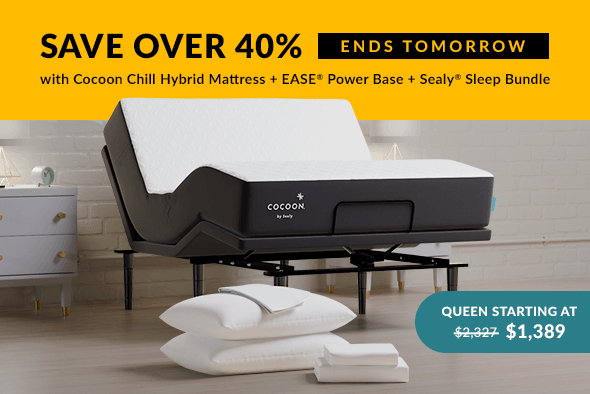 Ends tomorrow - Save over 40% on select cocoon hybrid + ease mattress sets + free sealy sleep bundle
