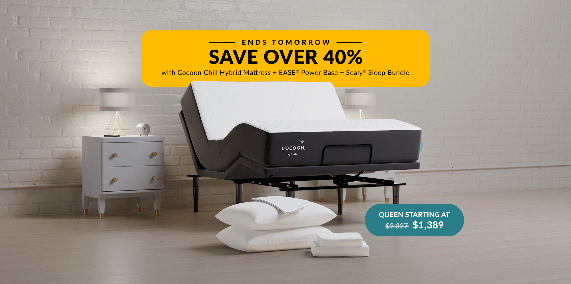 Ends Tomorrow- Save over 40% on select cocoon hybrid + ease mattress sets + free sealy sleep bundle